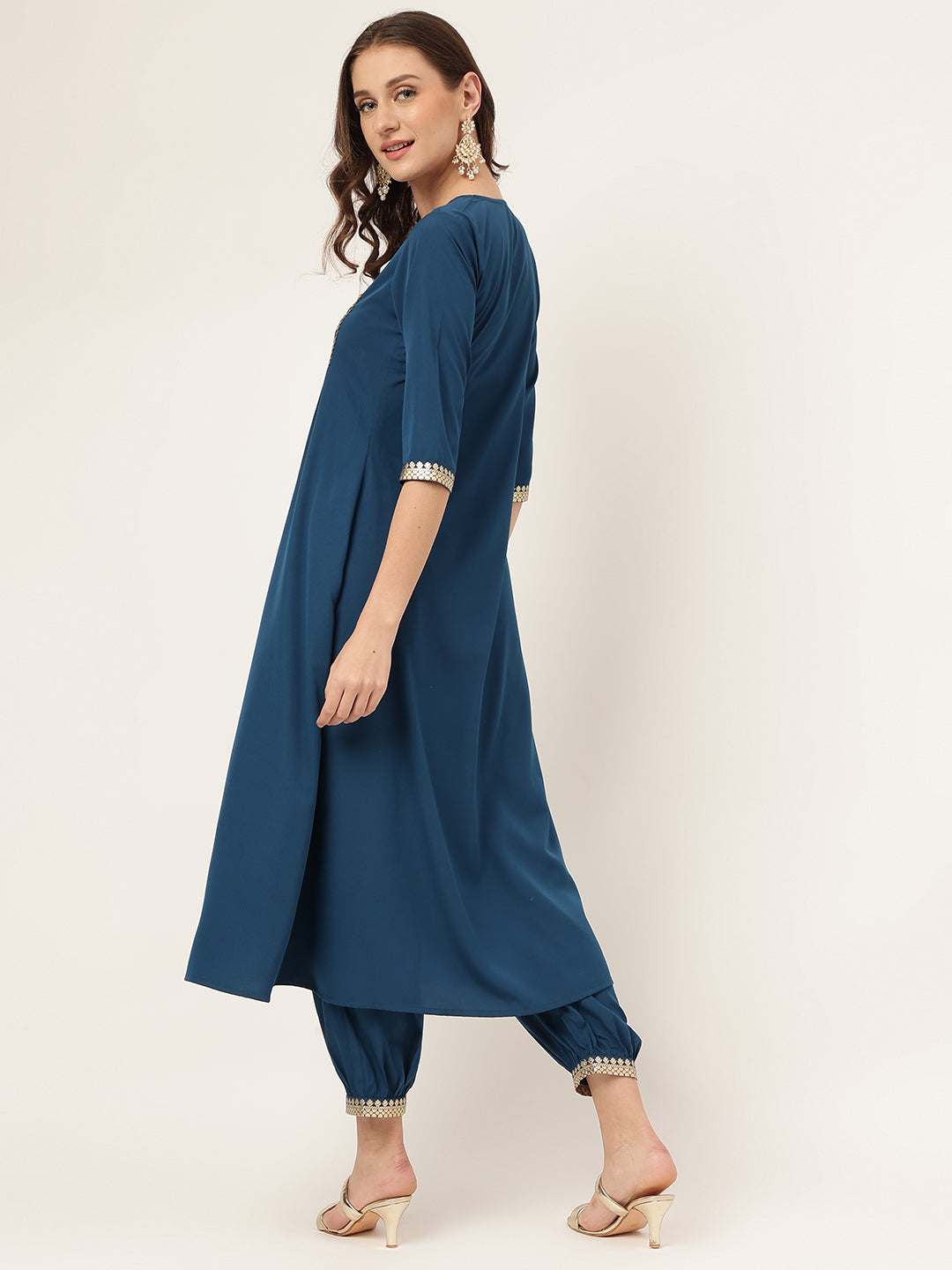 FIORRA Women's Teal Blue Poly Crepe A-line Kurta with Pant